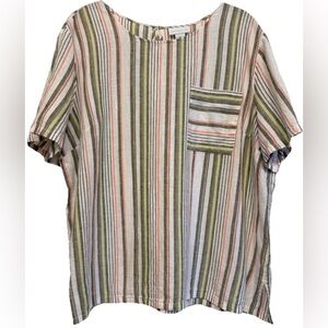 Liz Claiborne Women’s Linen Cotton Stripe Top Short Sleeve XL Coastal Chic